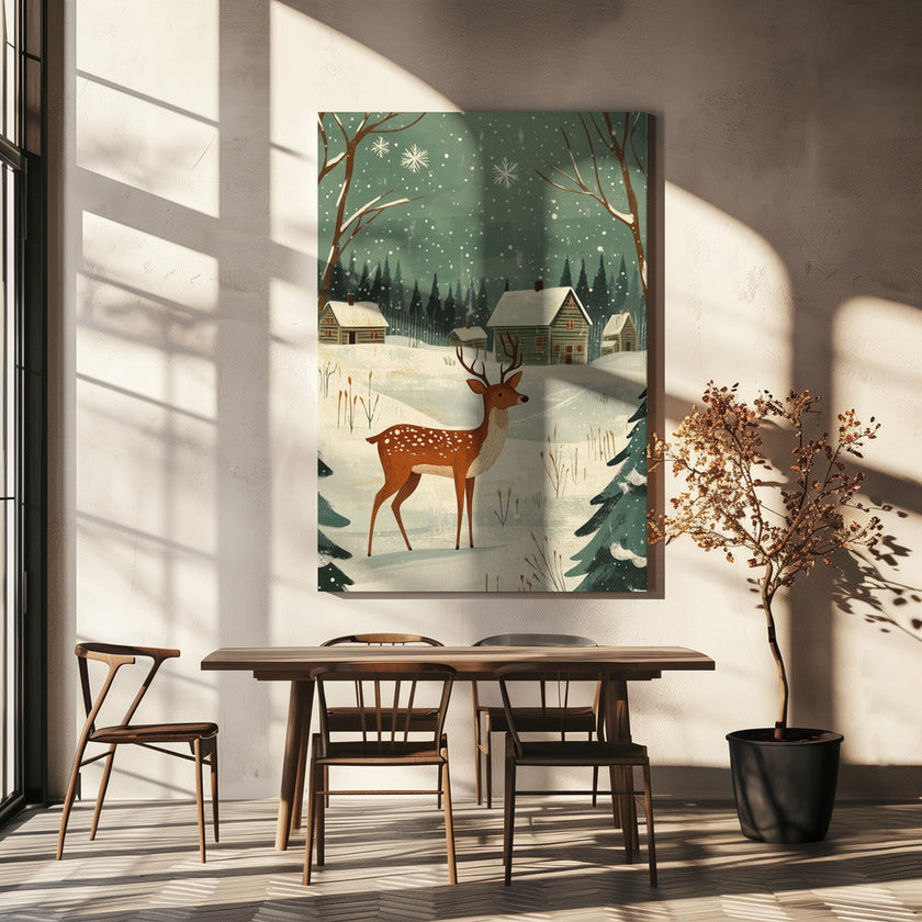 Impression sur toile verte représentant un cerf, motif hivernal et de Noël.