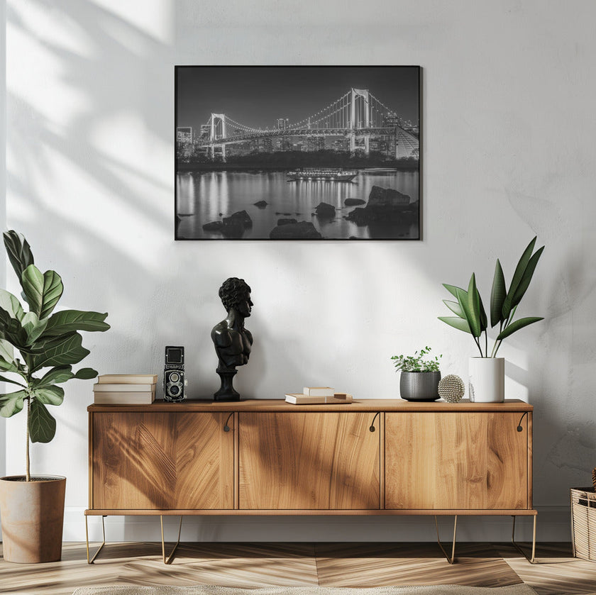 Wall art Gorgeous Rainbow Bridge with Tokyo Skyline in the evening - monochrome