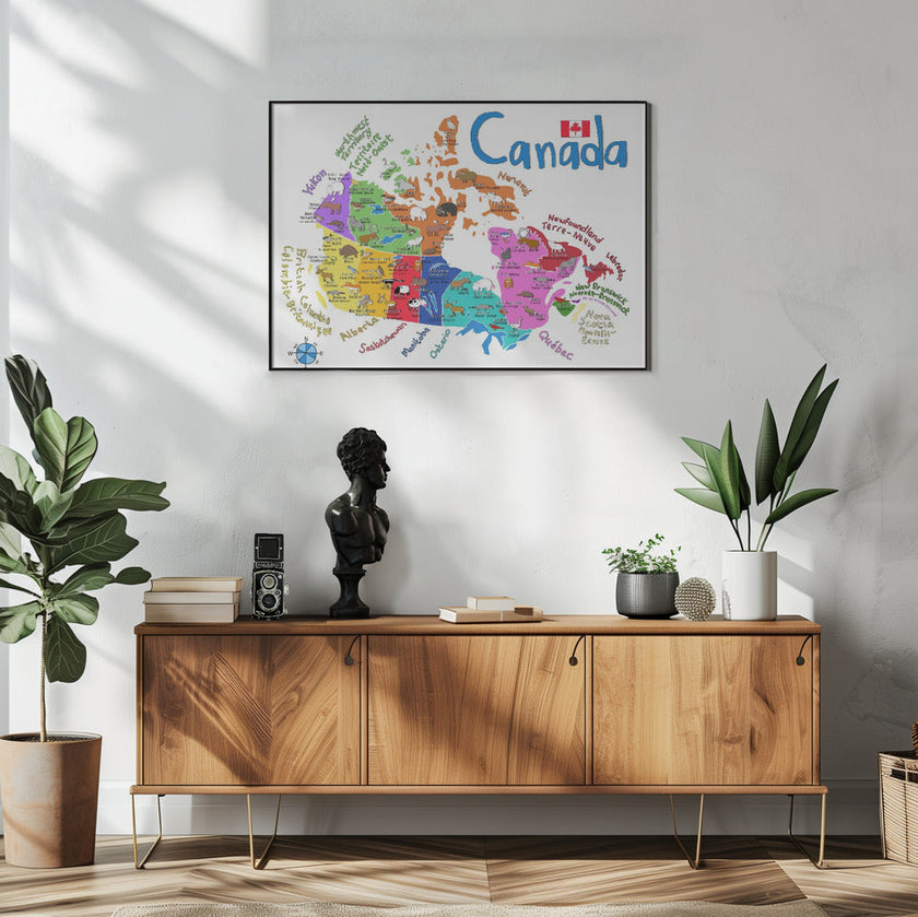 Carte illustrée du Canada avec des animaux, par Carla Daly, pour décoration murale.