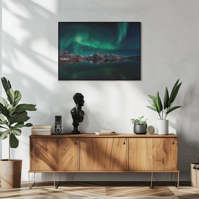 Réflexion de l'aurore boréale des Lofoten