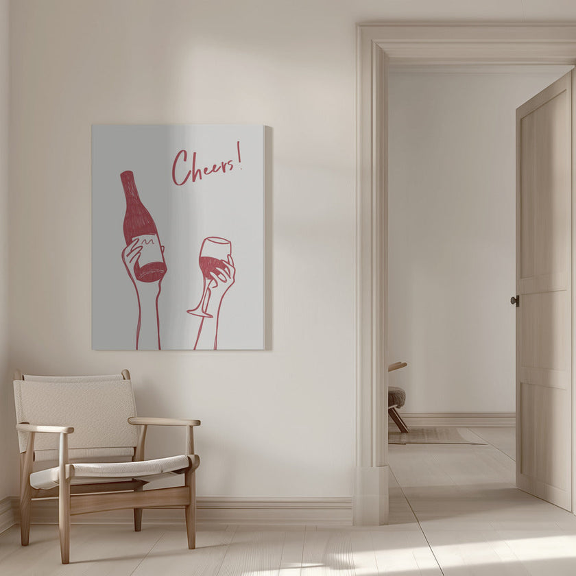 Wall art Cheers wine illustration & text (black & white)