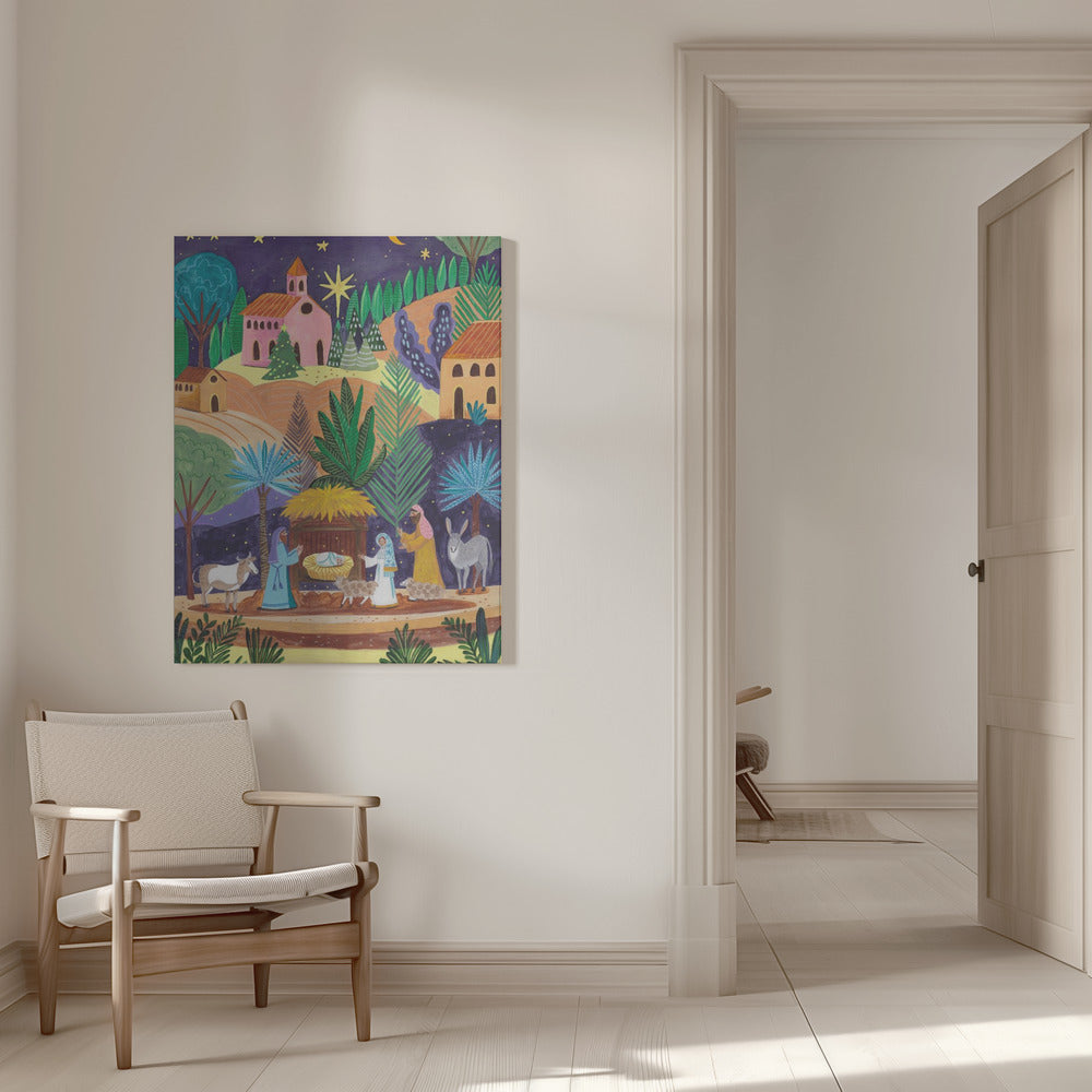 Impression sur toile d'art mural : Scène de la Nativité, nuit étoilée