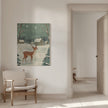Impression sur toile verte représentant un cerf, motif hivernal et de Noël.