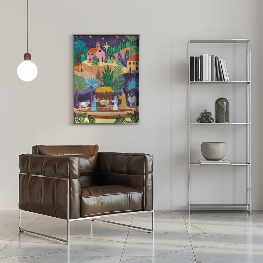 Impression sur toile d'art mural : Scène de la Nativité, nuit étoilée