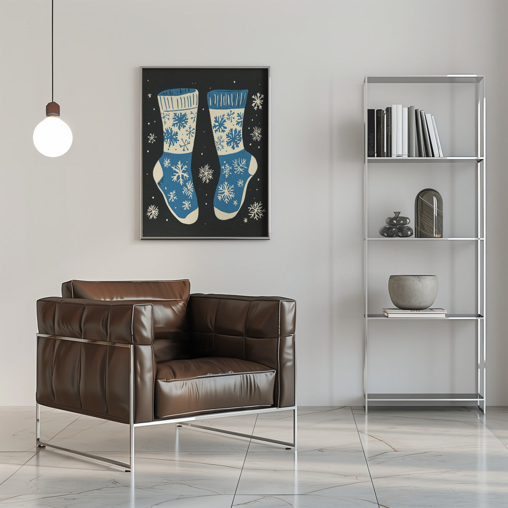 Impression sur toile de chaussettes vintage en tricot bleu sur fond noir.