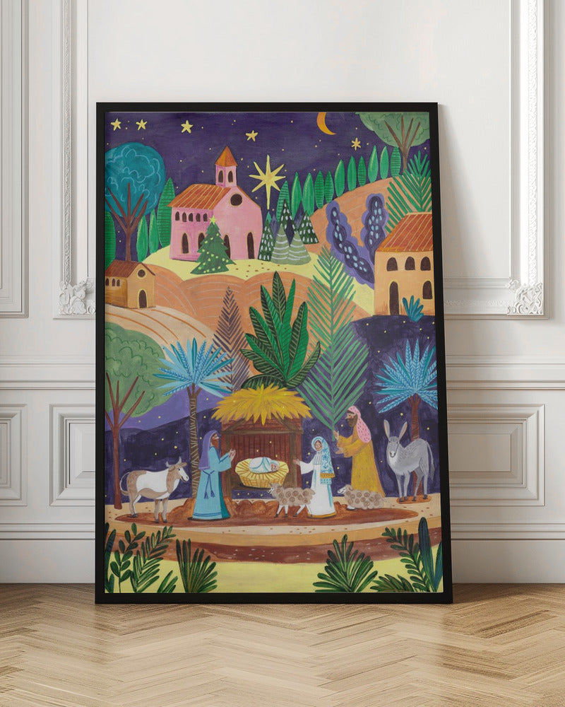Impression sur toile d'art mural : Scène de la Nativité, nuit étoilée