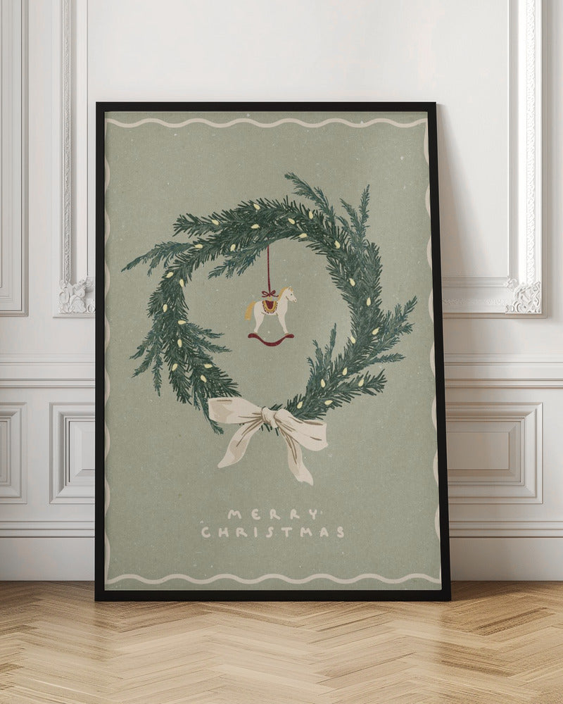 Impression sur toile : décoration murale, jouet en forme de cheval sur une couronne de Noël avec nœud.