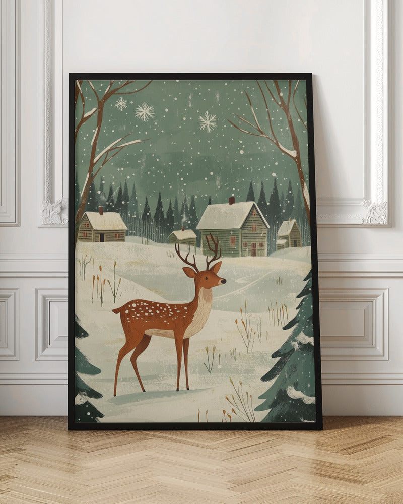 Impression sur toile verte représentant un cerf, motif hivernal et de Noël.