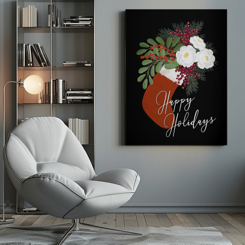 Wall art Floral Stocking Happy holidays in black Canvas Print