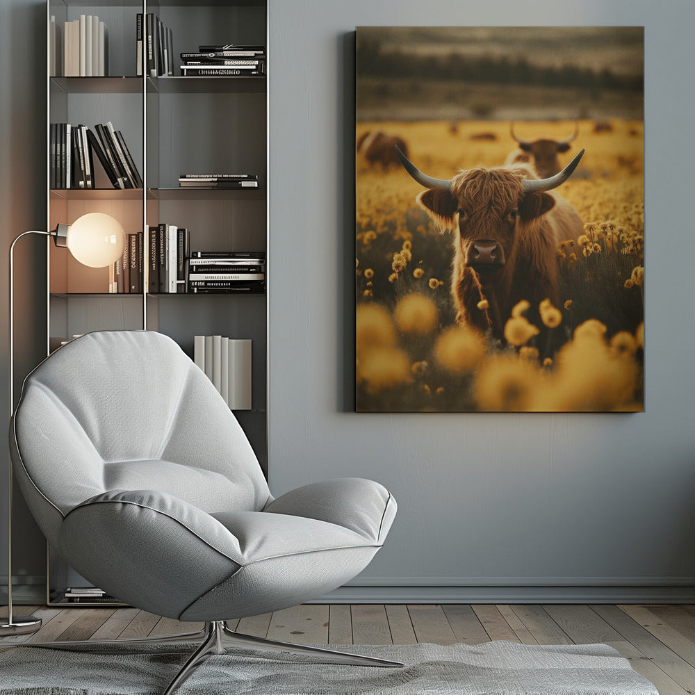 Décoration murale : Vaches des Highlands dans un champ de fleurs