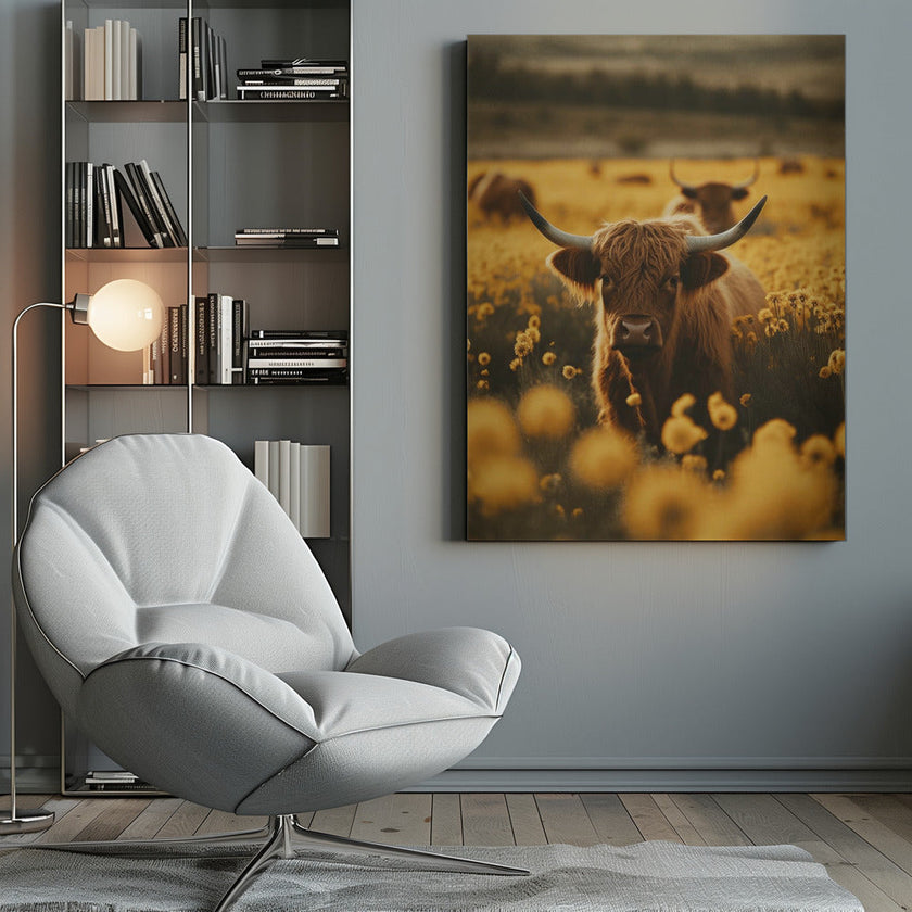 Décoration murale : Vaches des Highlands dans un champ de fleurs