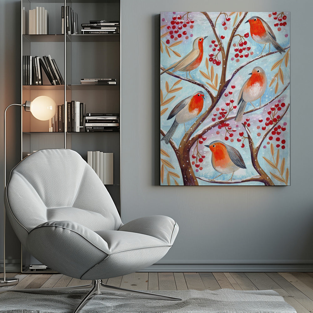 Peintures sur toile d'oiseaux d'hiver, rouges-gorge, Noël, neige