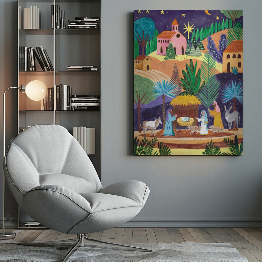 Impression sur toile d'art mural : Scène de la Nativité, nuit étoilée