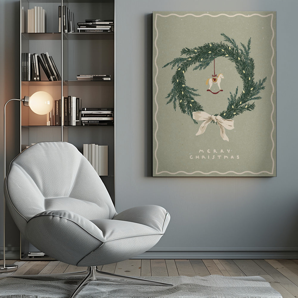 Impression sur toile : décoration murale, jouet en forme de cheval sur une couronne de Noël avec nœud.