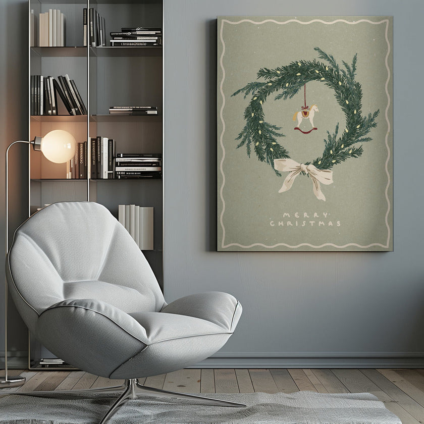 Impression sur toile : décoration murale, jouet en forme de cheval sur une couronne de Noël avec nœud.