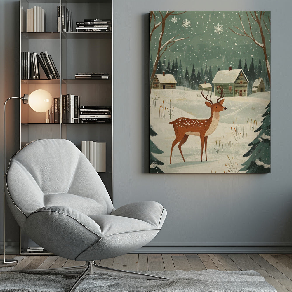 Impression sur toile verte représentant un cerf, motif hivernal et de Noël.