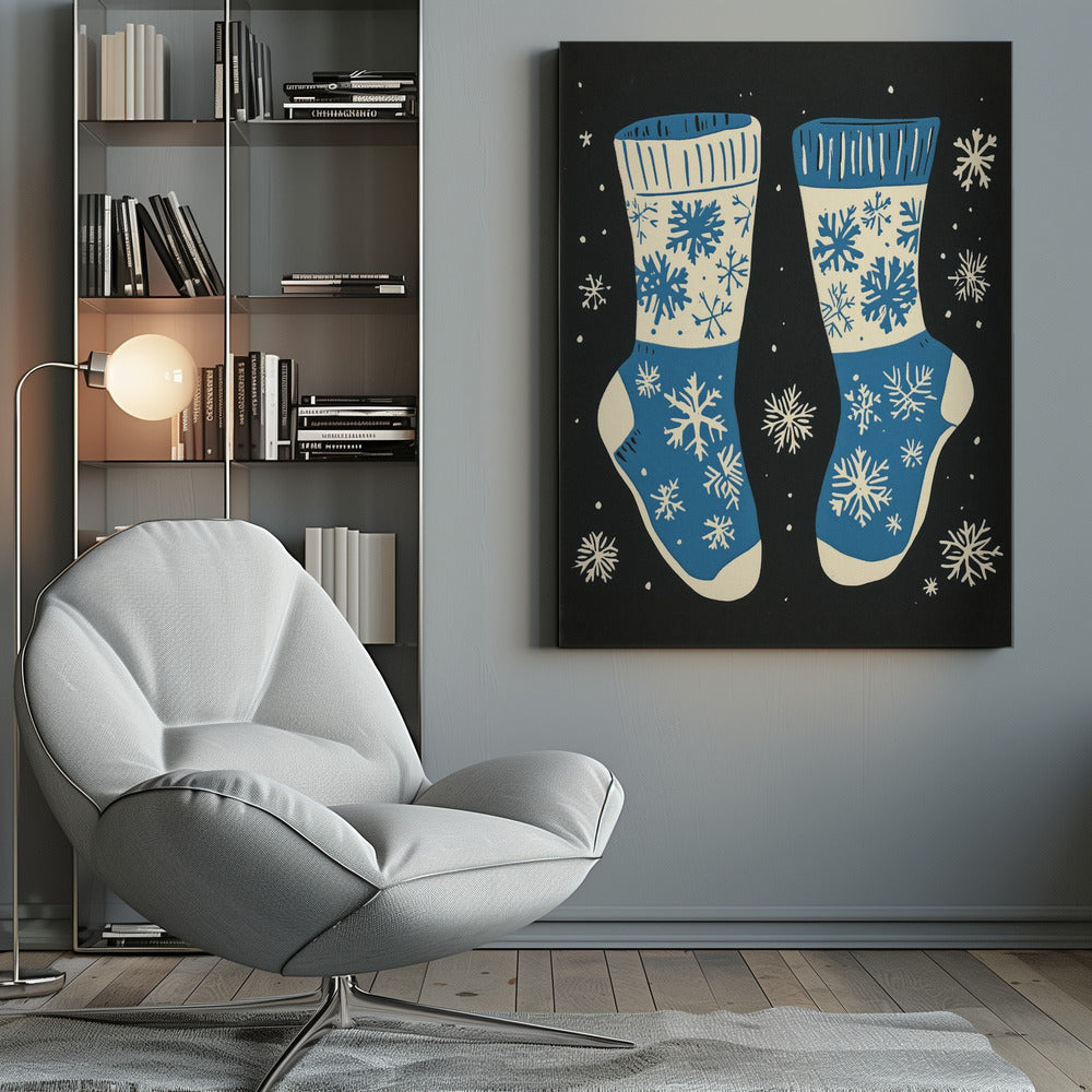 Impression sur toile de chaussettes vintage en tricot bleu sur fond noir.
