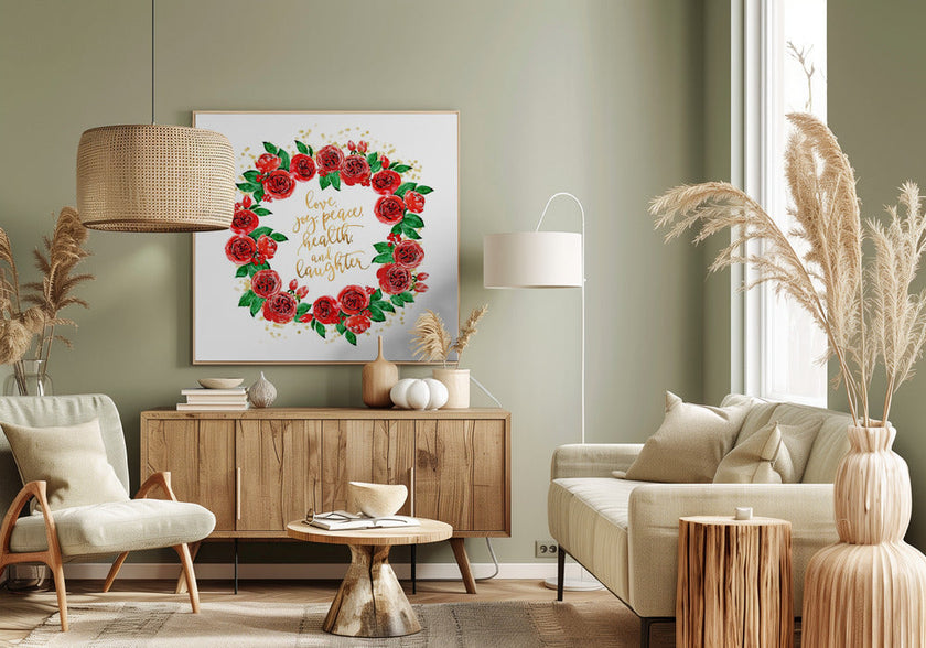 Décoration murale, couronne de roses anglaises rouges pour les vœux de vacances.