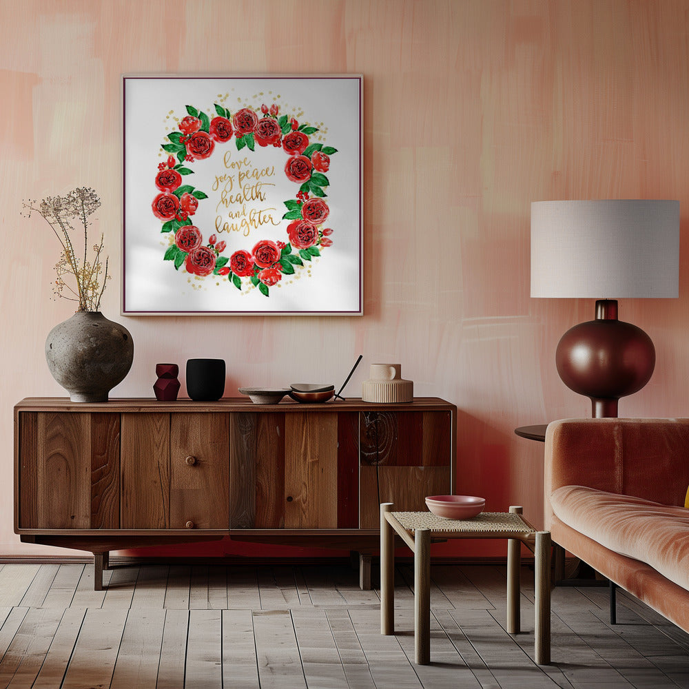 Décoration murale, couronne de roses anglaises rouges pour les vœux de vacances.
