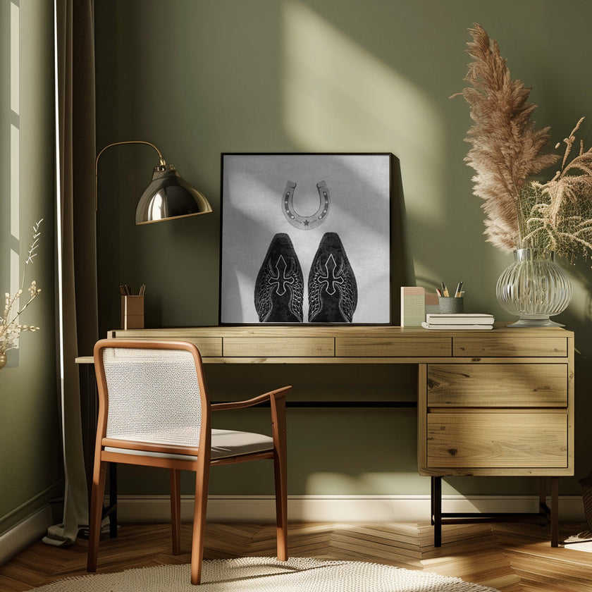 Wall Art Bw Cowboy Boots and Horseshoe