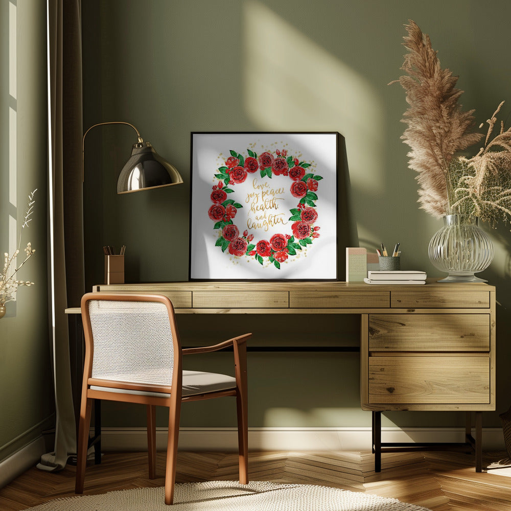 Décoration murale, couronne de roses anglaises rouges pour les vœux de vacances.