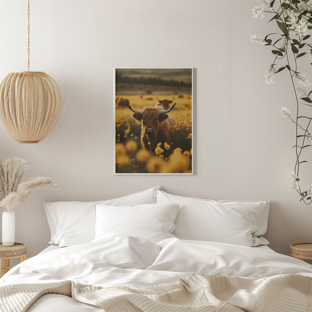 Décoration murale : Vaches des Highlands dans un champ de fleurs