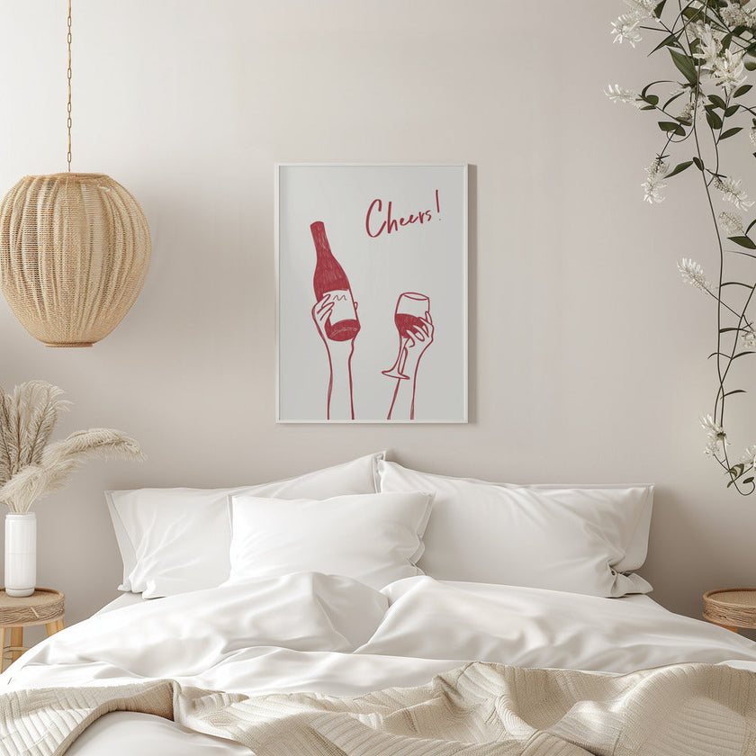 Wall art Cheers wine illustration & text (black & white)