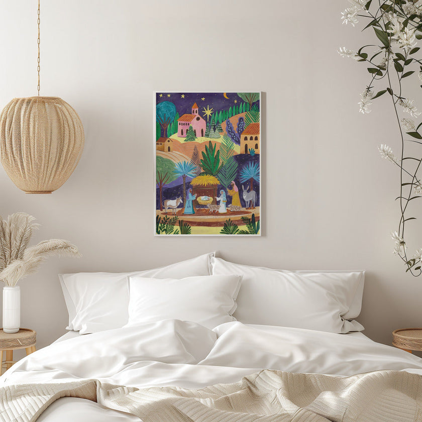 Impression sur toile d'art mural : Scène de la Nativité, nuit étoilée