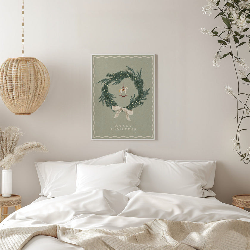 Impression sur toile : décoration murale, jouet en forme de cheval sur une couronne de Noël avec nœud.