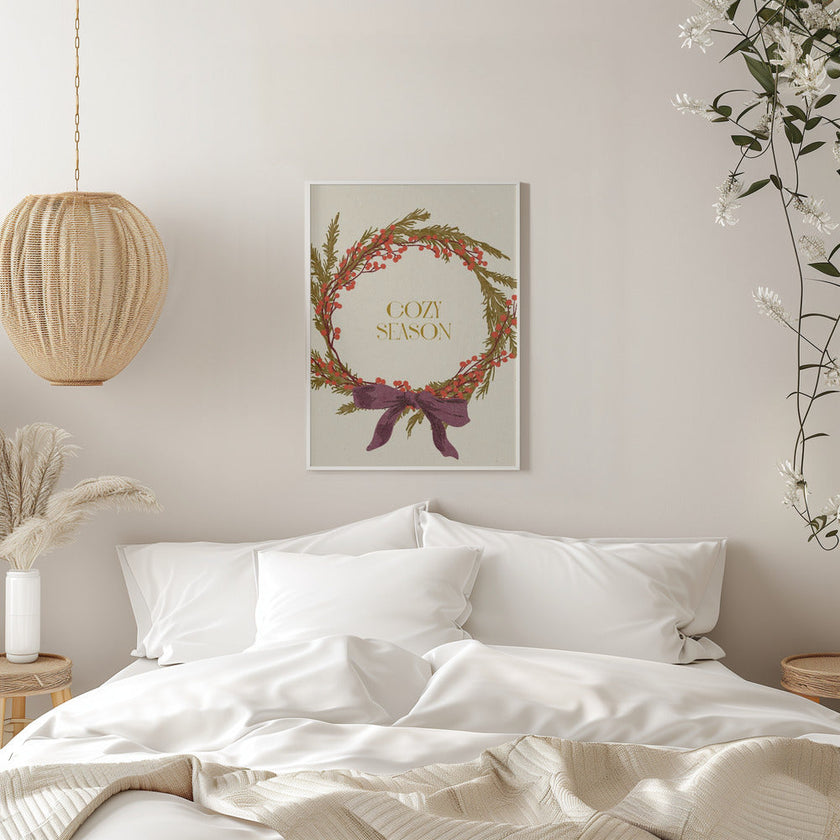 Wall art Cozy Season. Christmas wreath with bow Canvas Print