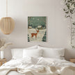 Impression sur toile verte représentant un cerf, motif hivernal et de Noël.