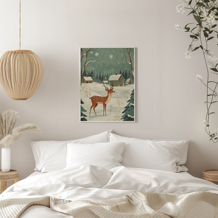 Impression sur toile verte représentant un cerf, motif hivernal et de Noël.