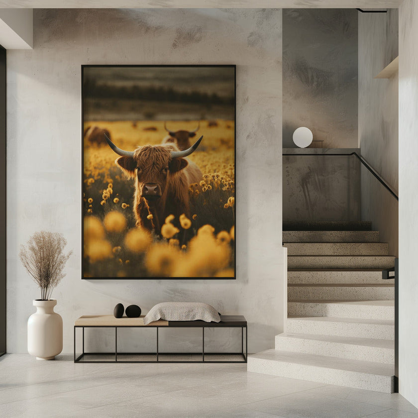 Décoration murale : Vaches des Highlands dans un champ de fleurs