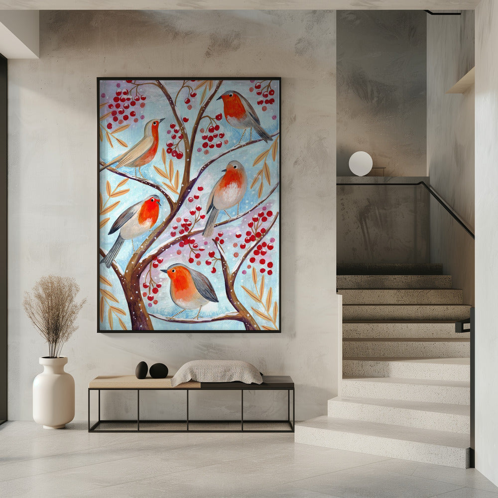 Peintures sur toile d'oiseaux d'hiver, rouges-gorge, Noël, neige