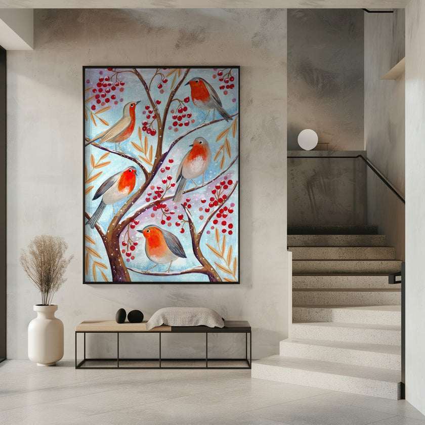 Peintures sur toile d'oiseaux d'hiver, rouges-gorge, Noël, neige