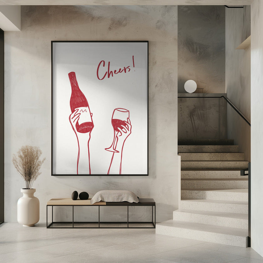 Wall art Cheers wine illustration & text (black & white)