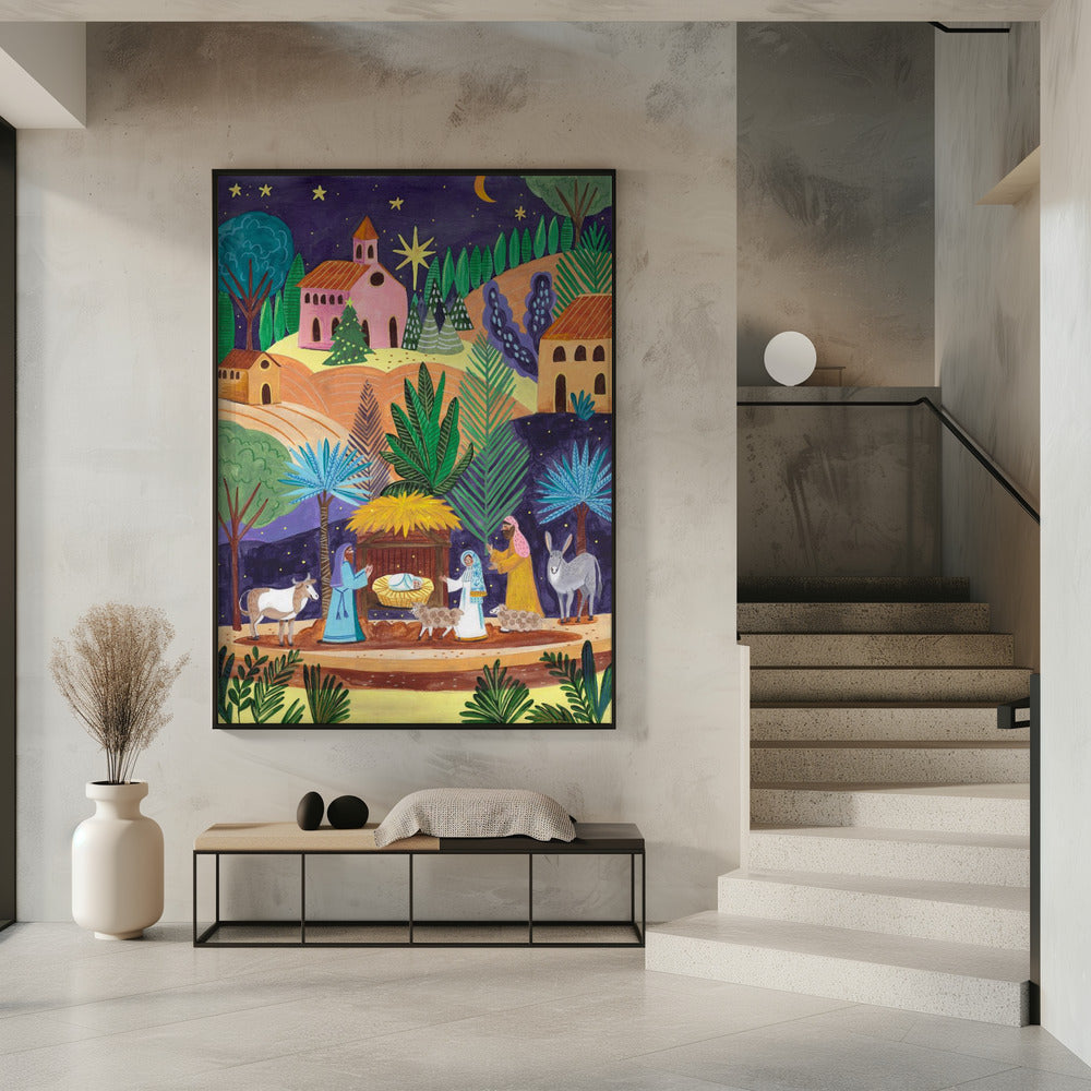 Impression sur toile d'art mural : Scène de la Nativité, nuit étoilée
