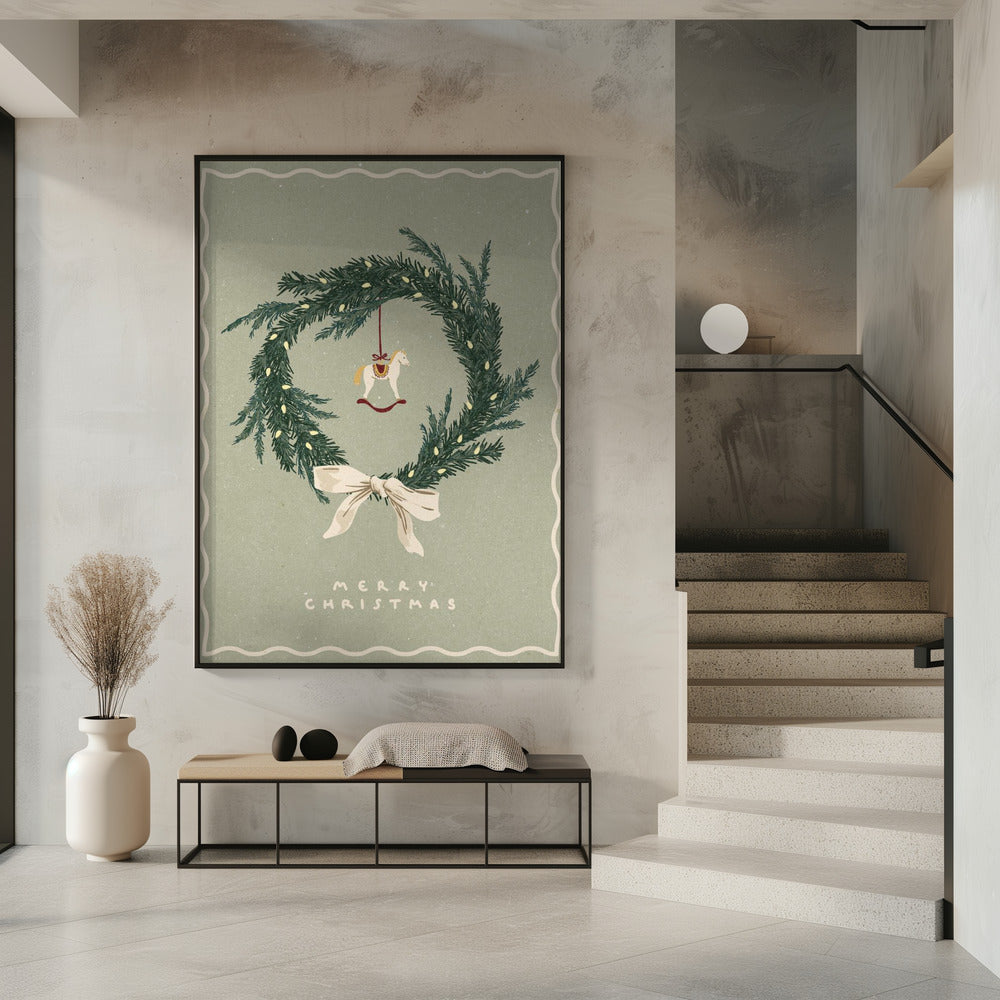 Impression sur toile : décoration murale, jouet en forme de cheval sur une couronne de Noël avec nœud.
