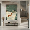 Impression sur toile verte représentant un cerf, motif hivernal et de Noël.