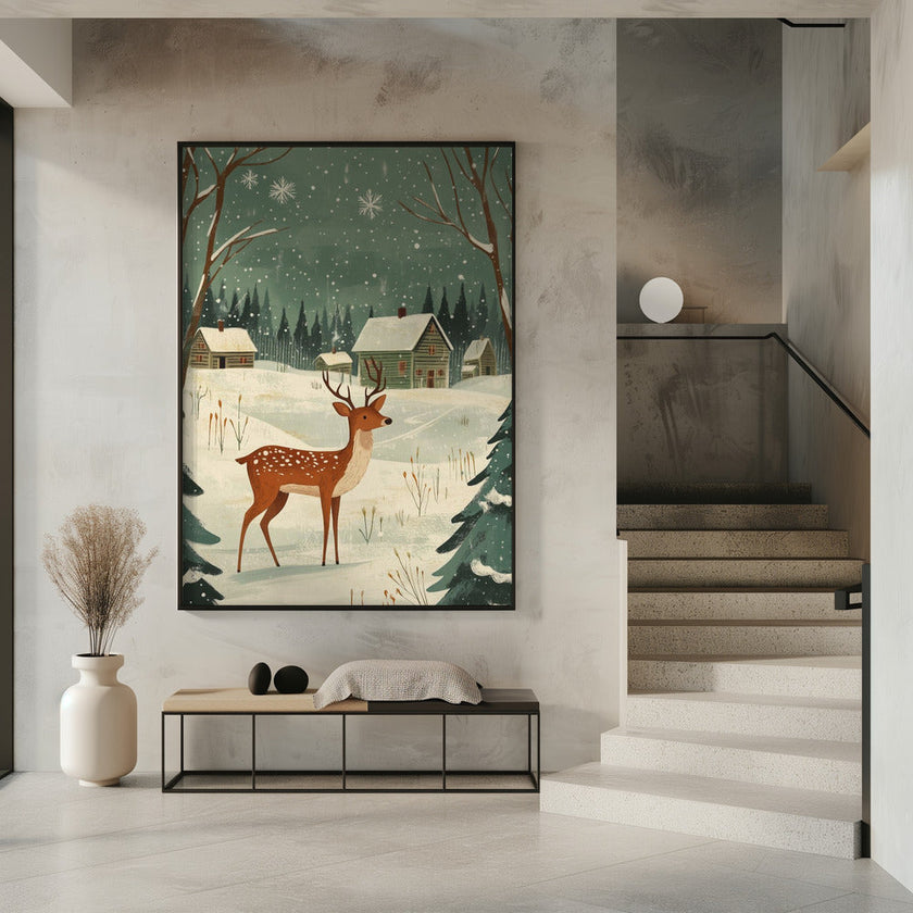 Impression sur toile verte représentant un cerf, motif hivernal et de Noël.