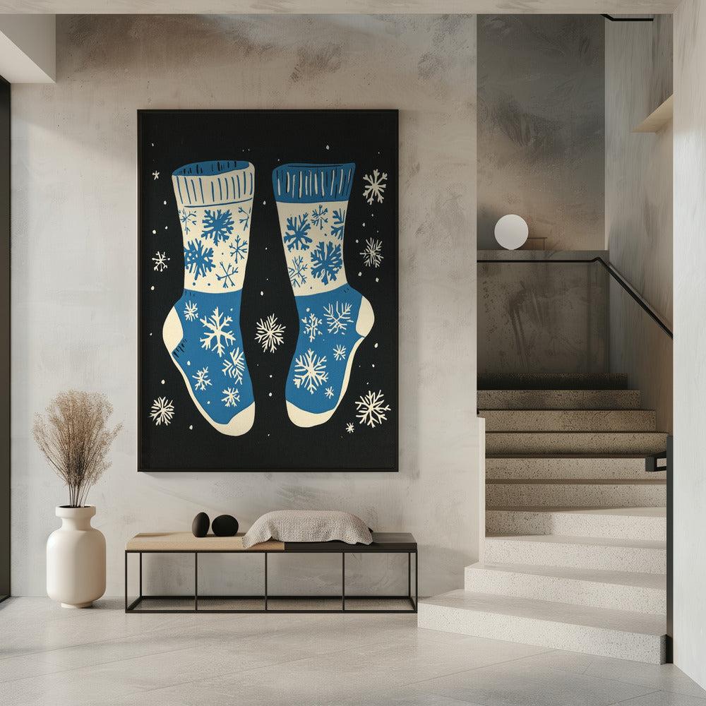 Impression sur toile de chaussettes vintage en tricot bleu sur fond noir.