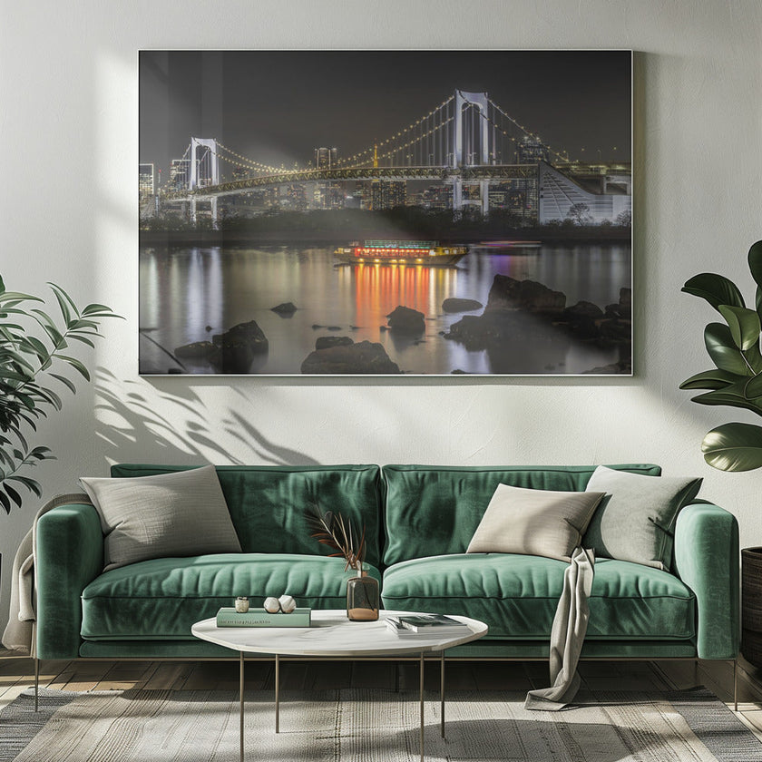 Illustration murale : Charme du pont arc-en-ciel avec le panorama de la skyline de Tokyo en soirée.