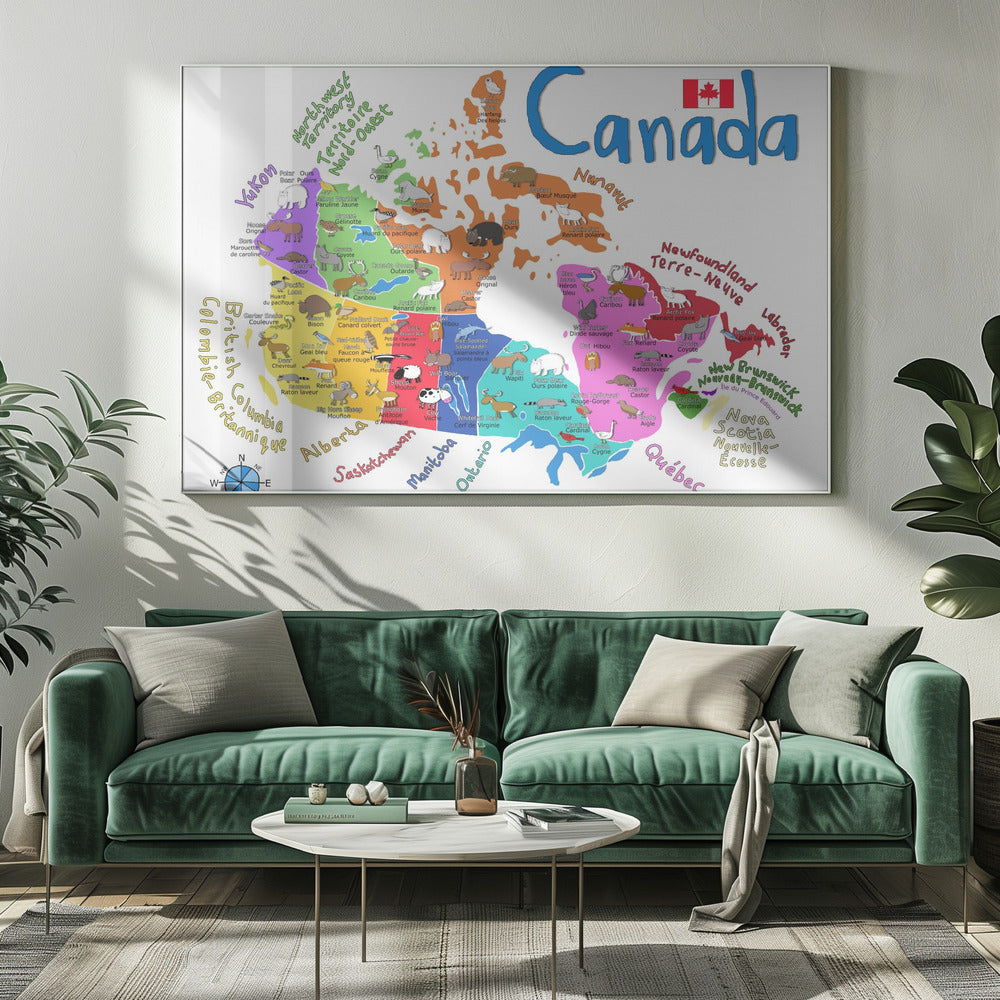 Carte illustrée du Canada avec des animaux, par Carla Daly, pour décoration murale.