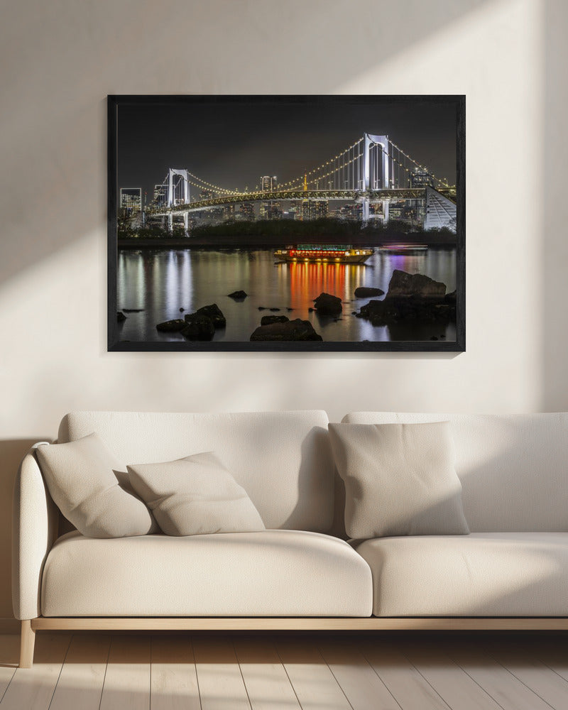 Art mural : Magnifique pont Rainbow Bridge avec le panorama de Tokyo en soirée.