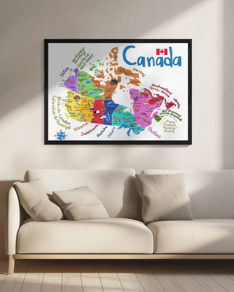 Carte illustrée du Canada avec des animaux, par Carla Daly, pour décoration murale.