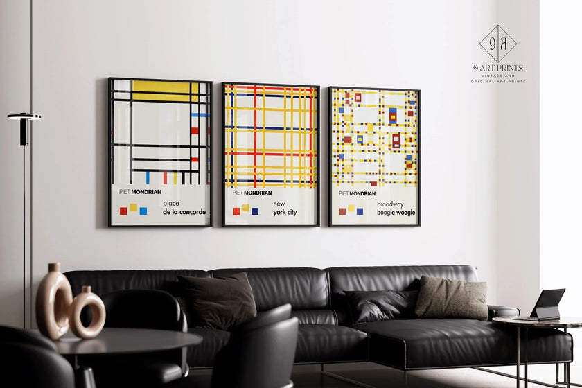 Piet Mondrian STATEMENT TRIO| New York City, Broadway & Concorde Mid-Century Modern Art Available Framed