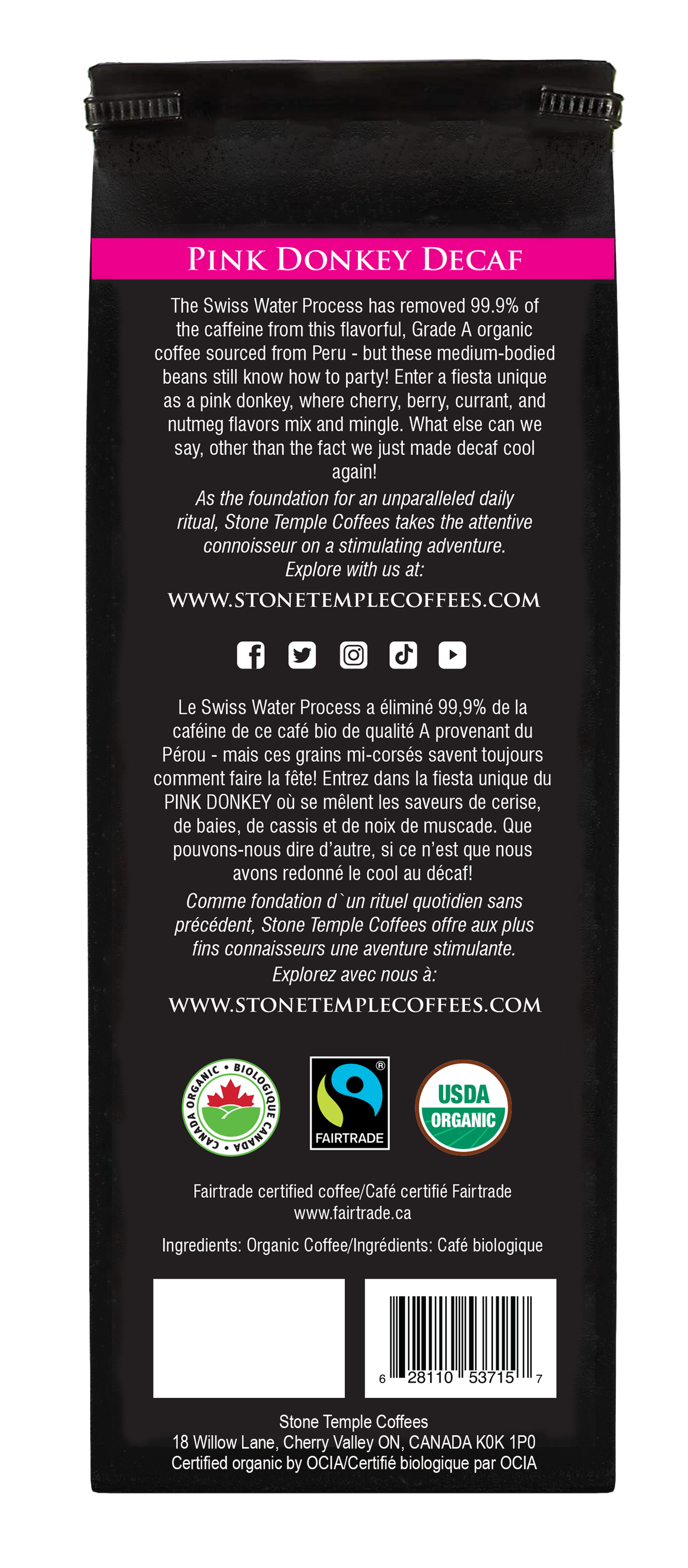 Pink Donkey Decaf - Whole Bean, Medium Roast, Certified Organic OCIA/ Fairtrade Coffee 1lb/454g