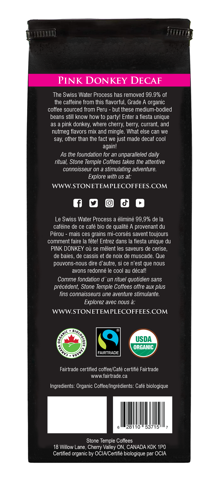 Pink Donkey Decaf - Whole Bean, Medium Roast, Certified Organic OCIA/ Fairtrade Coffee 1lb/454g