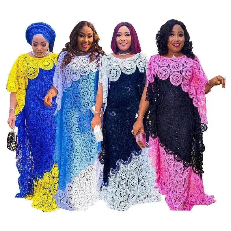 Plus Size Embroidered Lace Loose Multicolor Bat Sleeve Gown Dress