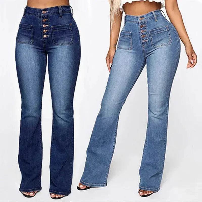 Plus Size High Waist Denim Trousers for Women | Patch Pocket Washed Jeans